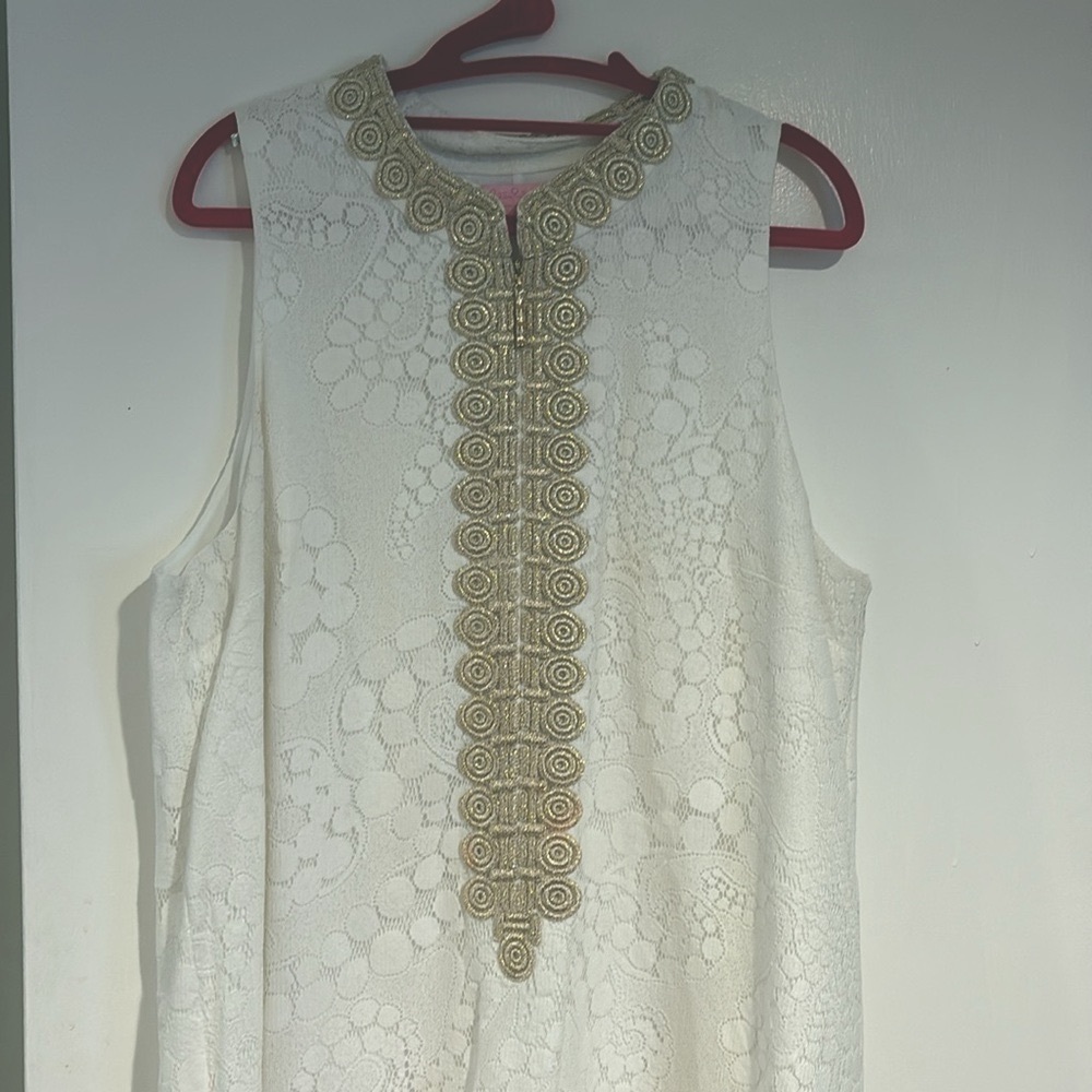 Lilly Pulitzer White Lace Shift Dress with Gold Detailing - Picture 2 of 6